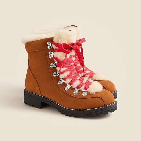 J. Crew Brown Nubuck Leather Nordic Lace Up Sherpa Lined Winter Boots Size 8M - Picture 1 of 7
